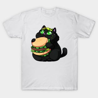 Black Fat cat eating burger T-Shirt